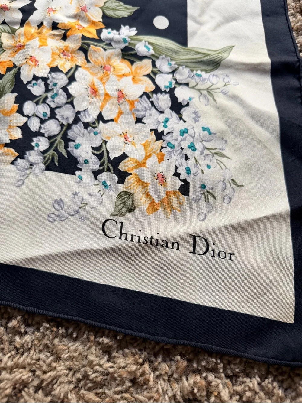 Christian Dior Black Polka Dot Floral Silk Scarf